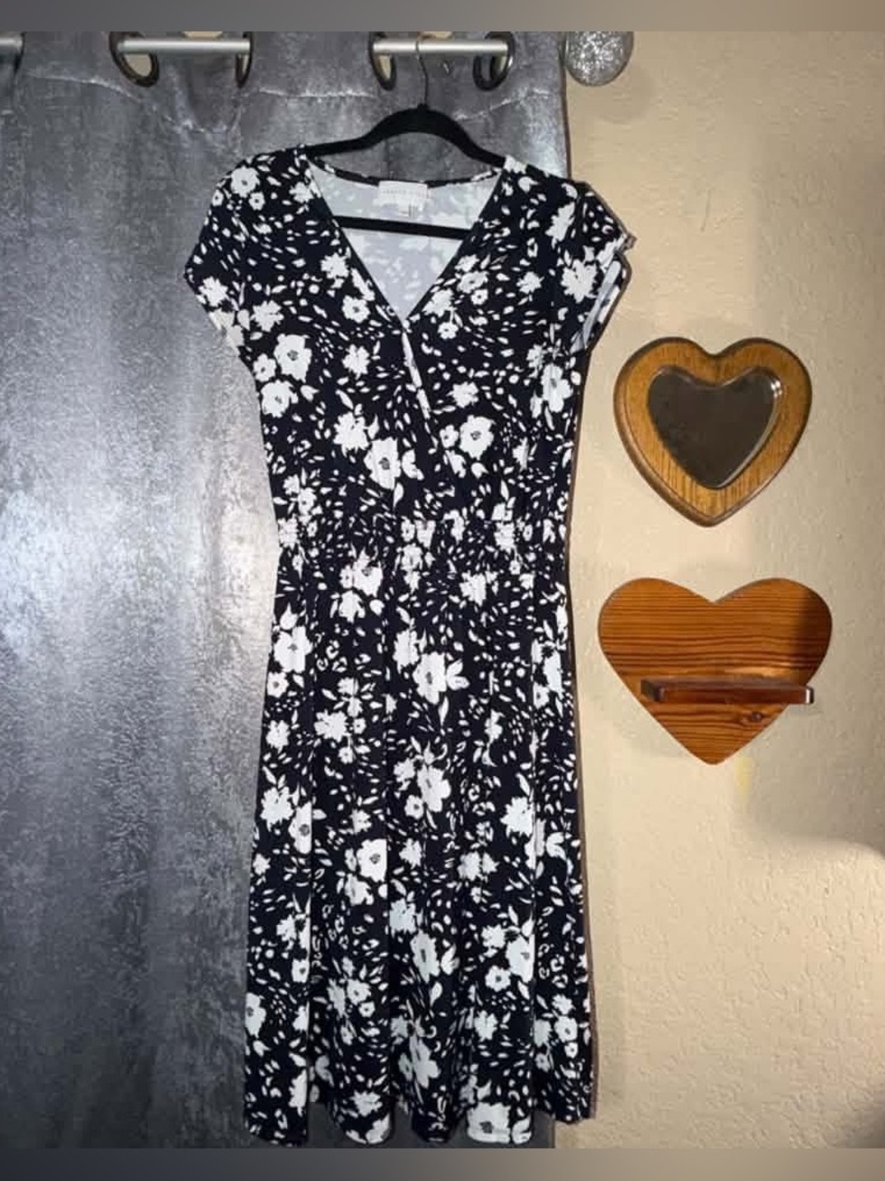 French Grey- navy blue & White Floral Fit & Flare Dress V Neck